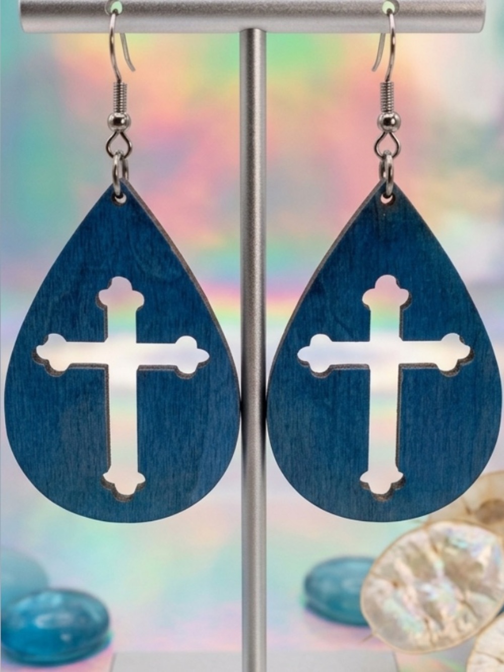 New - Blue Teardrop Wood Cross Dangle Earrings